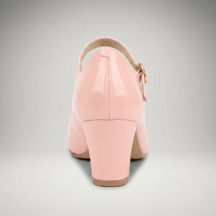 Rosa Pumps mit Blockabsatz, Rückansicht