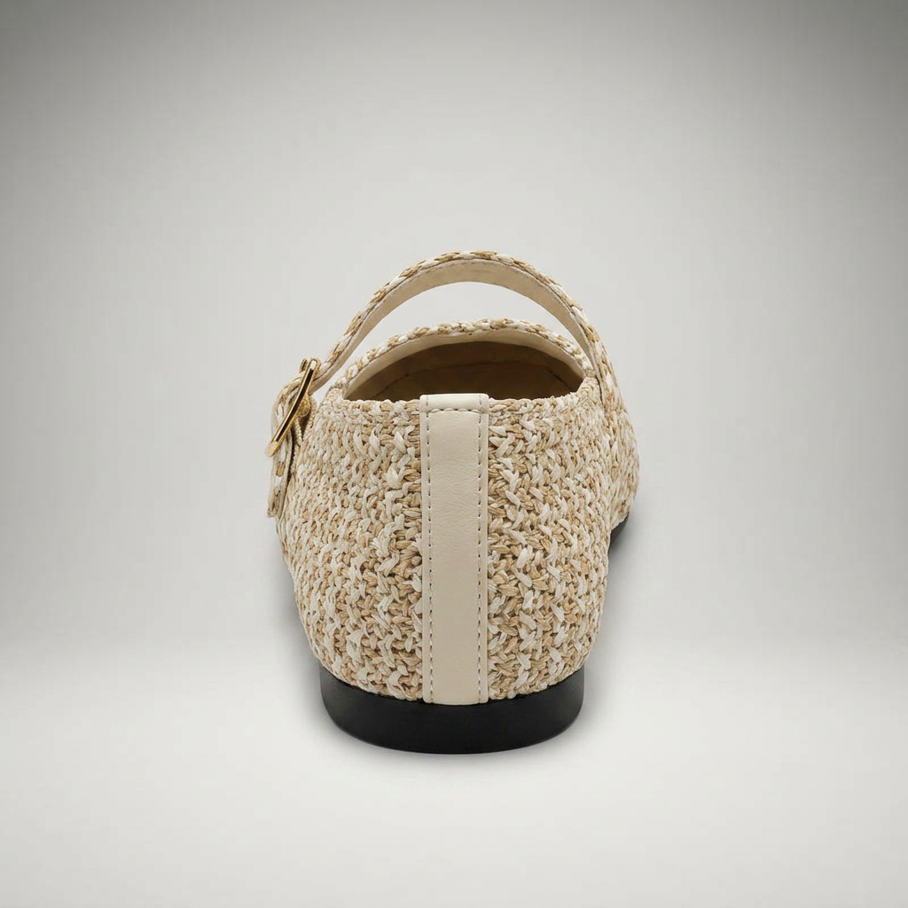 Rückansicht des Mary Jane Slippers in Beige-Weiß meliert mit Fersenriemen
