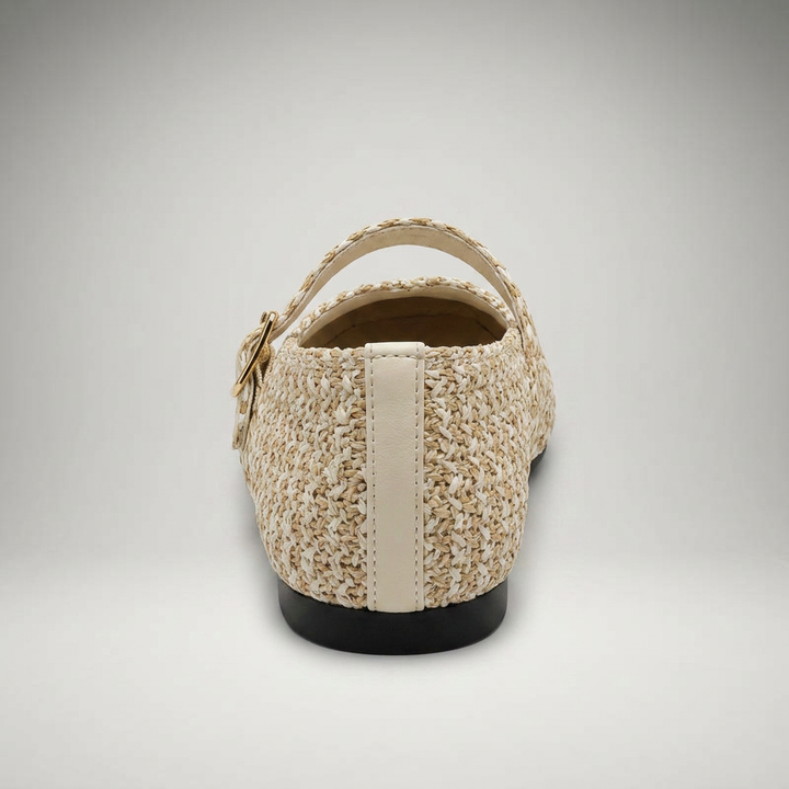 Rückansicht des Mary Jane Slippers in Beige-Weiß meliert mit Fersenriemen