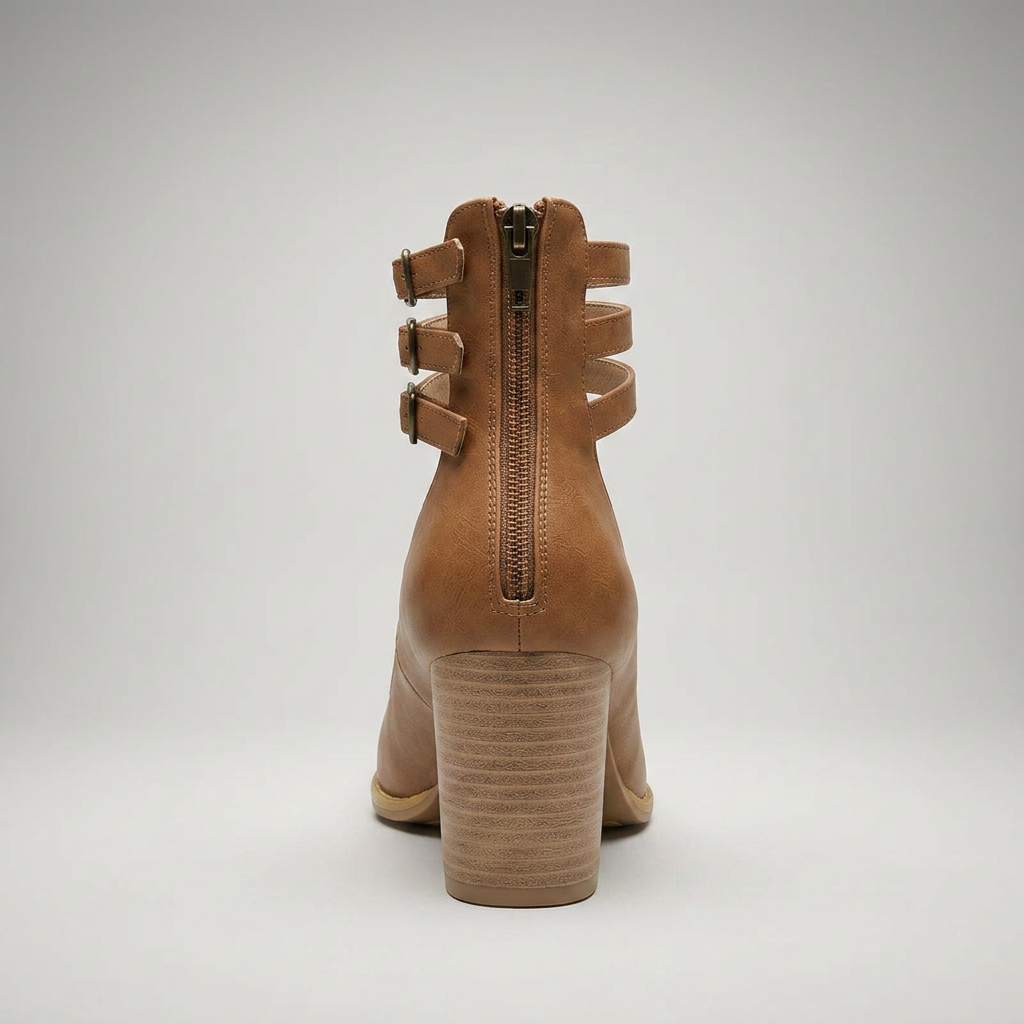 Braune Pumps mit Reißverschluss und Riemen am Fersenbereich, Rückansicht