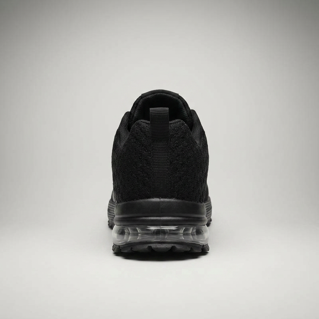 Schwarzer Sneaker mit transparenter Air-Cushion-Sohle, Rückansicht