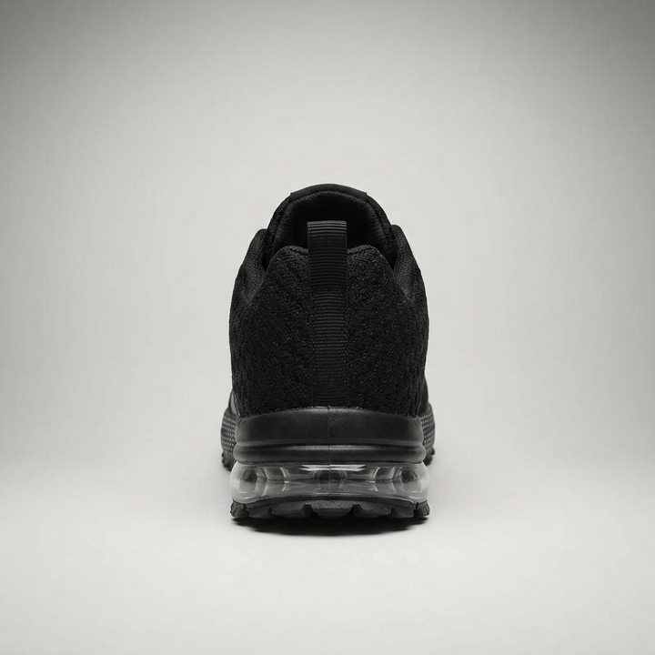 Schwarzer Sneaker mit transparenter Air-Cushion-Sohle, Rückansicht