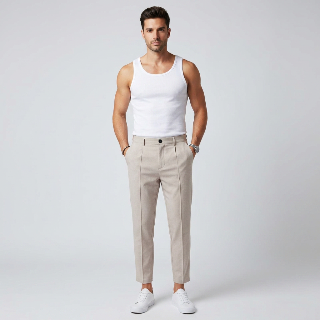 Hellgraue Chinohose mit Bundfalte, Model von vorne