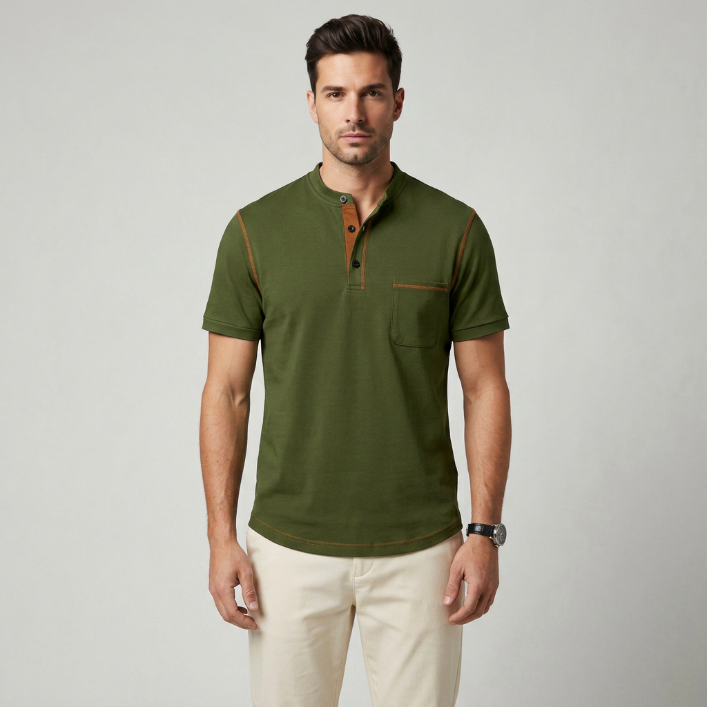 Herren Poloshirt mit Henry-Kragen in Olivgrün, Frontalansicht