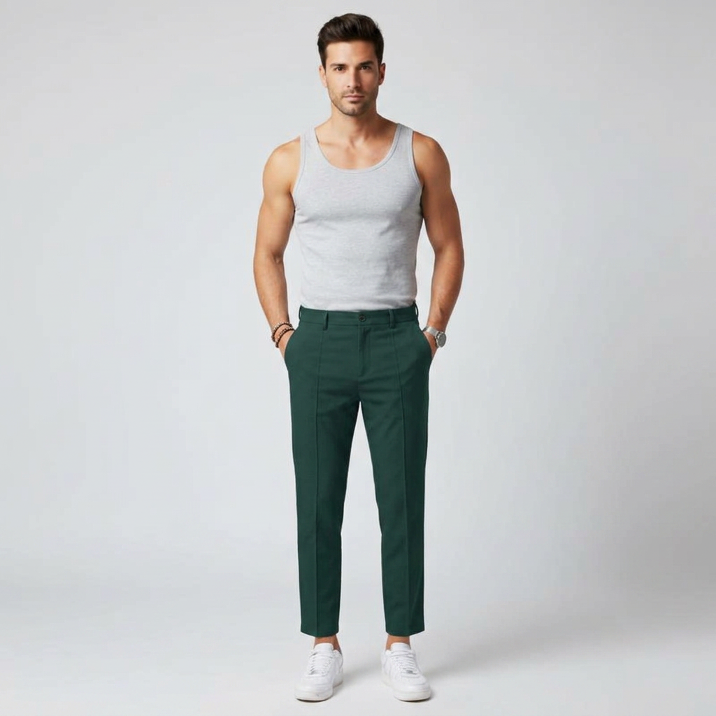 Dunkelgrüne Chinohose mit Bundfalte, Model von vorne