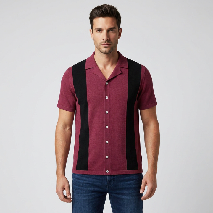 Herren Strick-Poloshirt Weinrot mit schwarzem Streifen, Vorderansicht