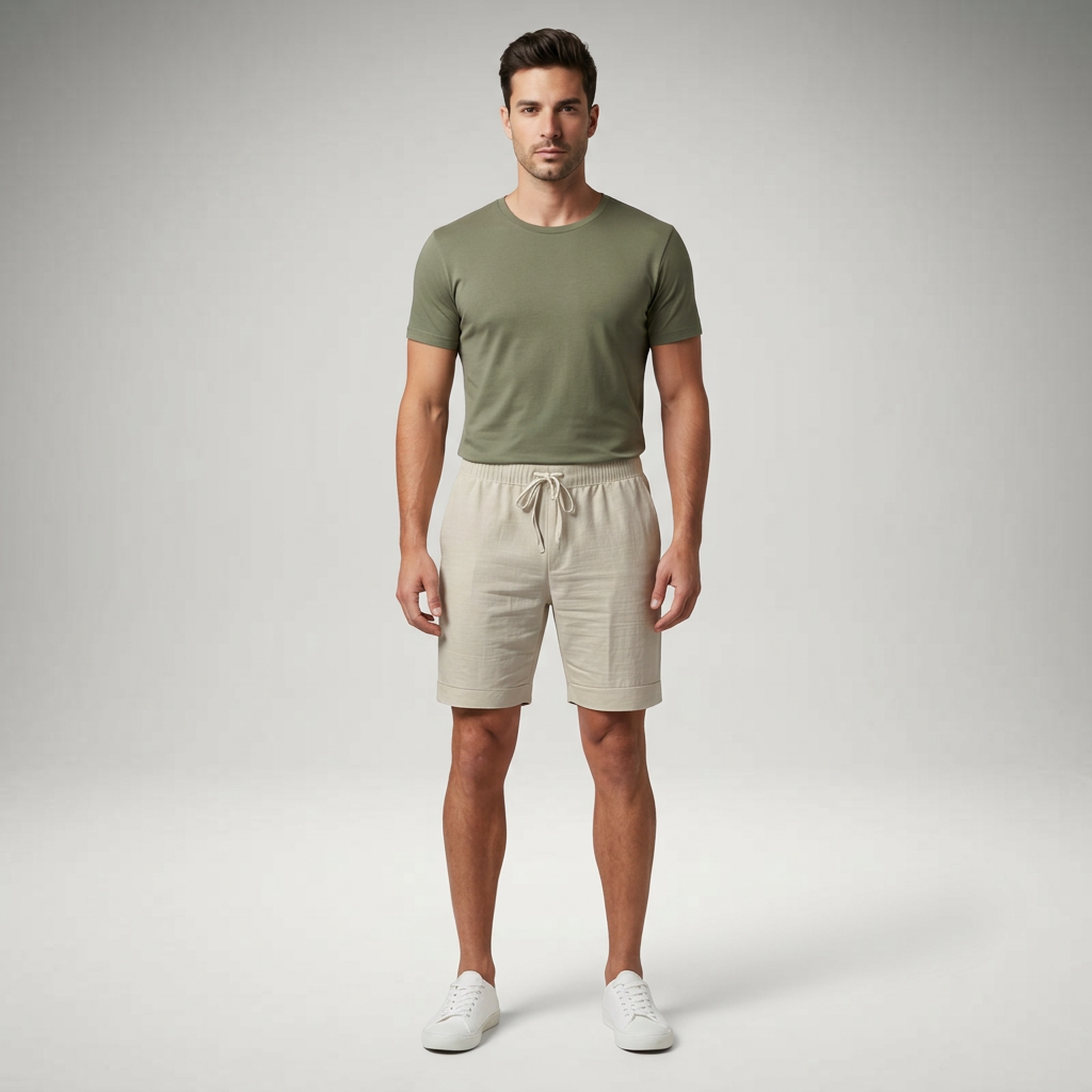 Herren Leinen Shorts Beige, Komplettlook, Frontansicht