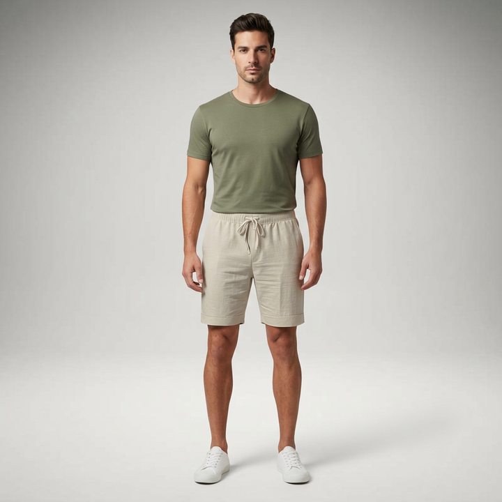 Herren Leinen Shorts Beige, Komplettlook, Frontansicht