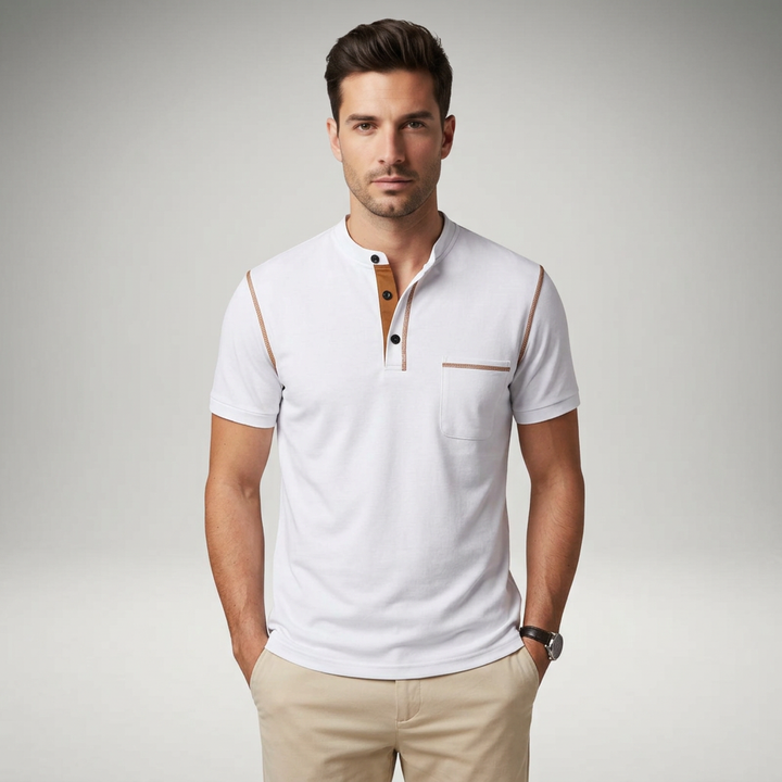 Herren Poloshirt mit Henry-Kragen in Weiß, Frontalansicht