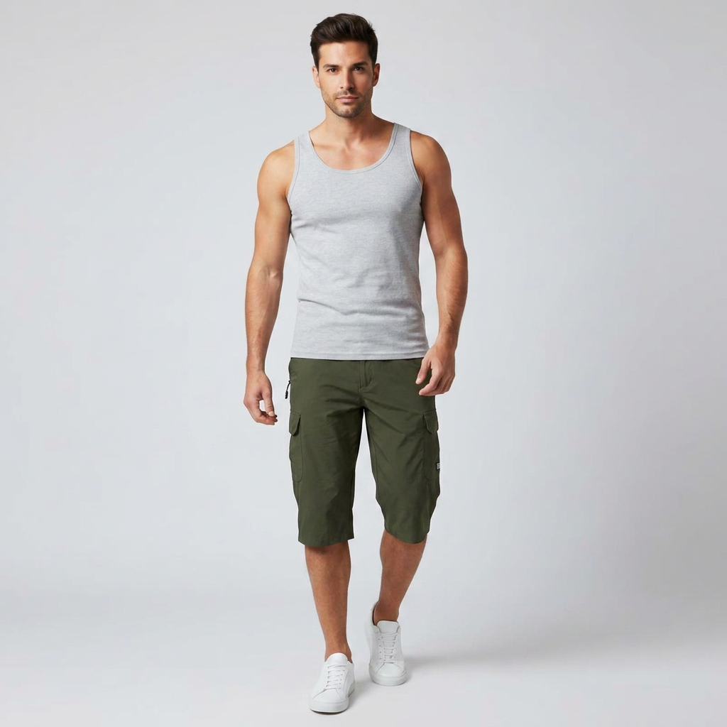 Cargo Shorts Herren Dunkelgrün, Frontalansicht am Model