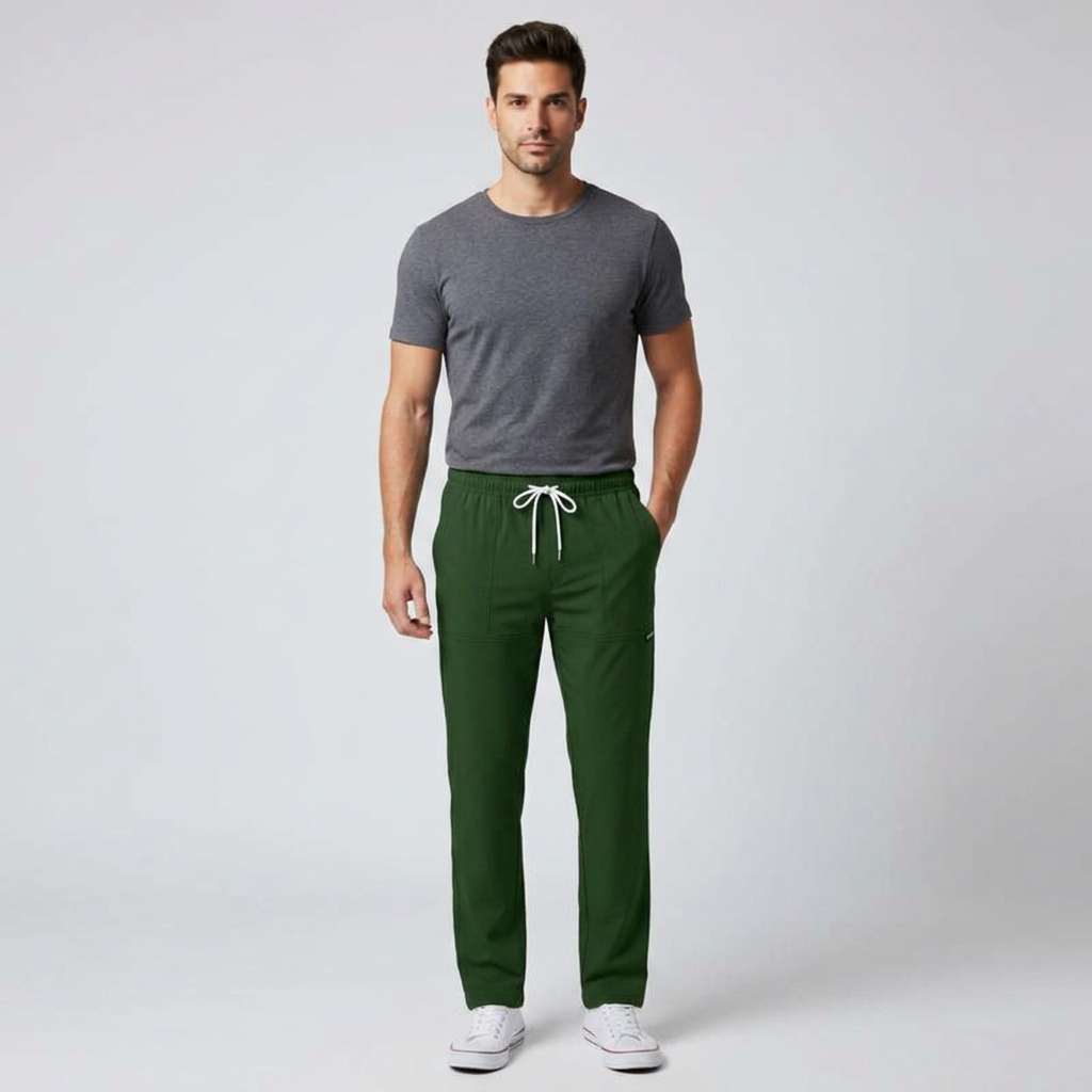 Freizeithose Herren dunkelgrün mit Kordelzug, Model Frontalansicht