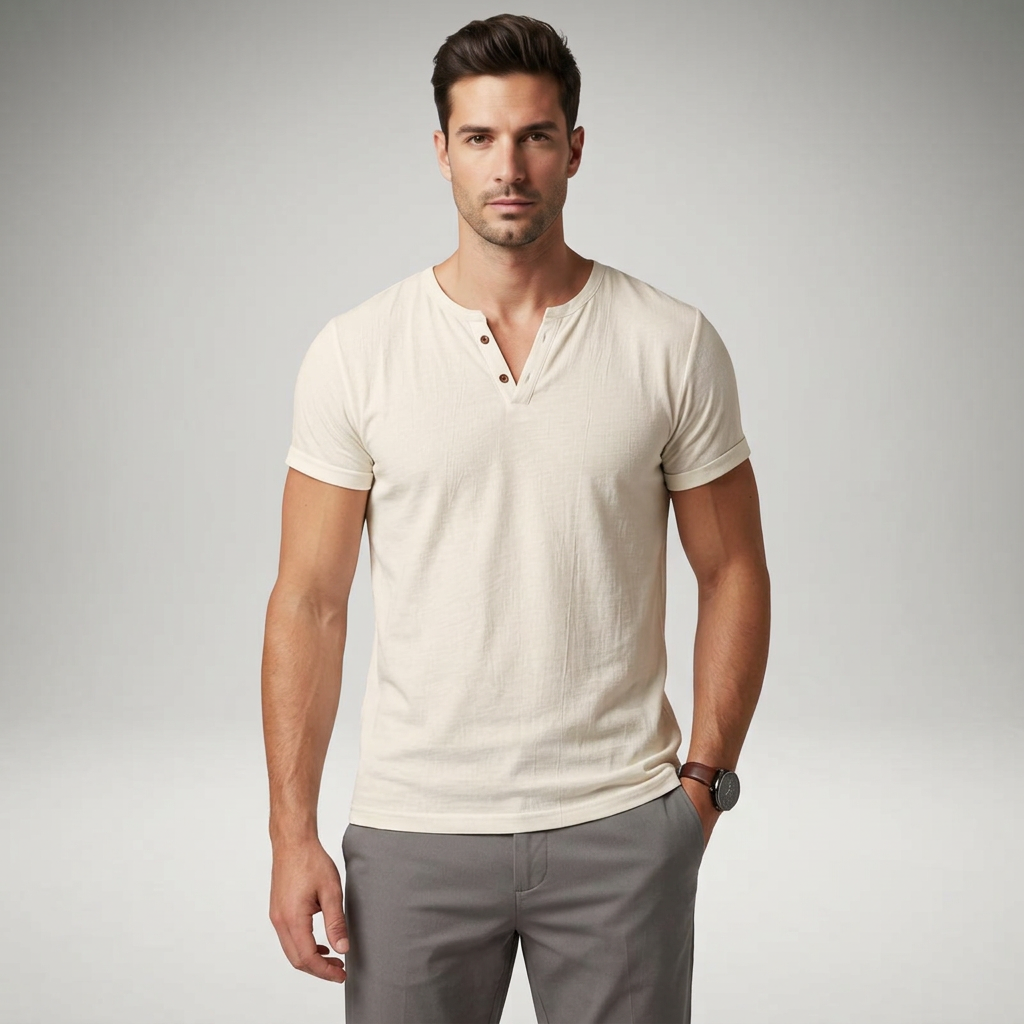 Herren Henley-Shirt in Cremeweiß, Frontalansicht am Model