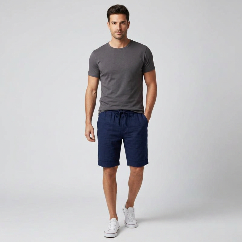 Herren Leinen Shorts Dunkelblau, Komplettlook mit T-Shirt, Frontansicht