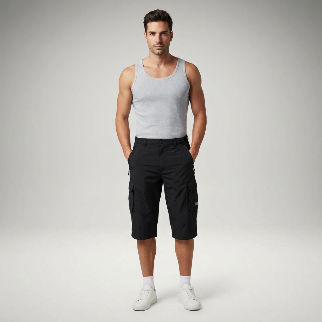 Cargo Shorts Herren Schwarz, Frontalansicht am Model