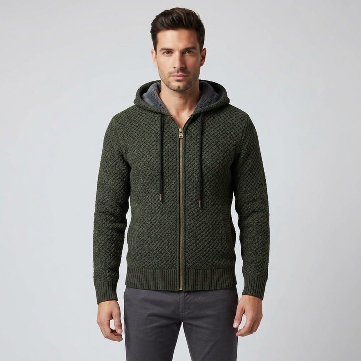 Herren Strickjacke mit Kapuze in Olivgrün, Frontalansicht