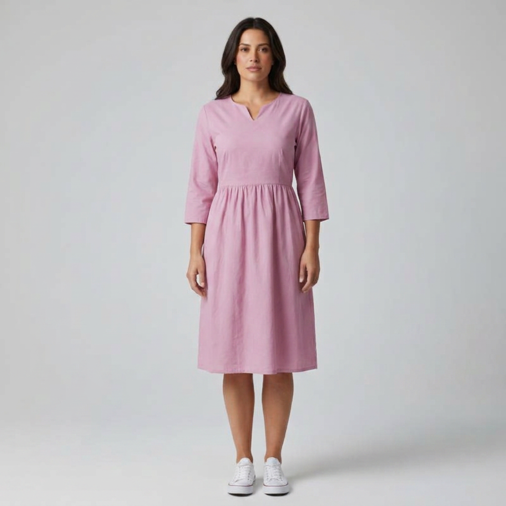 Damen Midikleid mit Kerbausschnitt und Dreiviertelarm, Frontalansicht