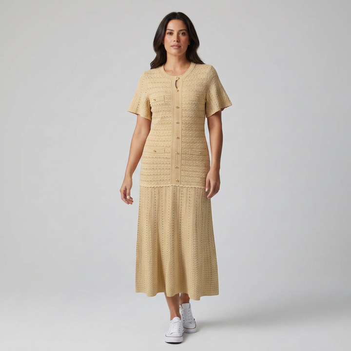 Beiges Strickkleid mit Lochstrick-Muster und goldfarbenen Knöpfen, Vorderansicht