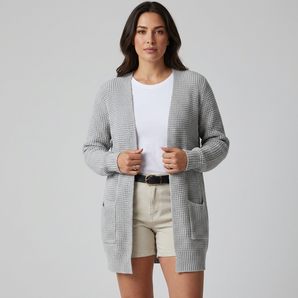 Damen Cardigan in Grau, offene Passform, Frontalansicht