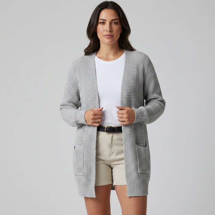 Damen Cardigan in Grau, offene Passform, Frontalansicht
