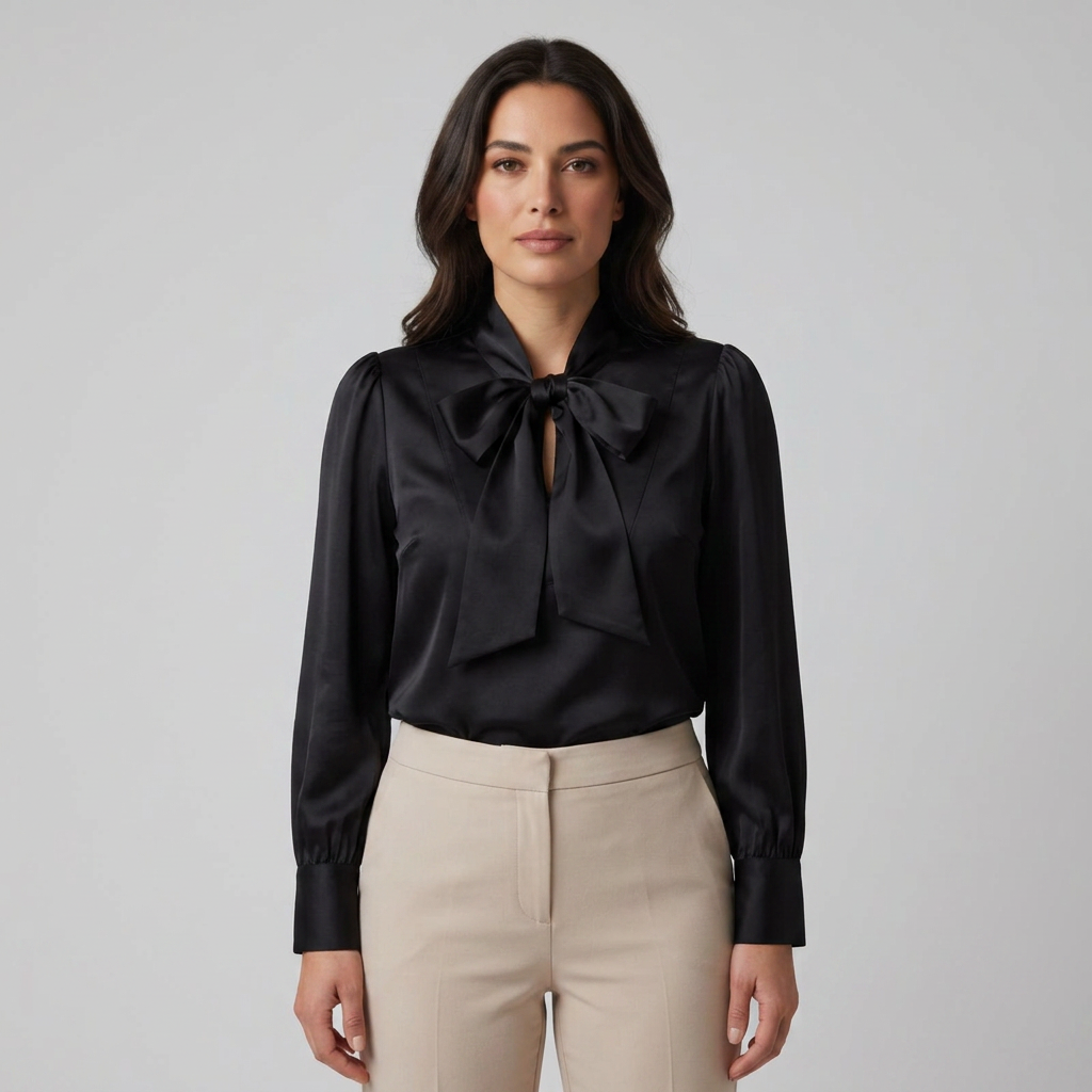 Schluppenbluse Schwarz mit Satin-Optik, Frontalansicht