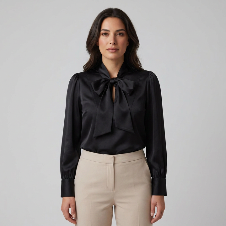 Schluppenbluse Schwarz mit Satin-Optik, Frontalansicht
