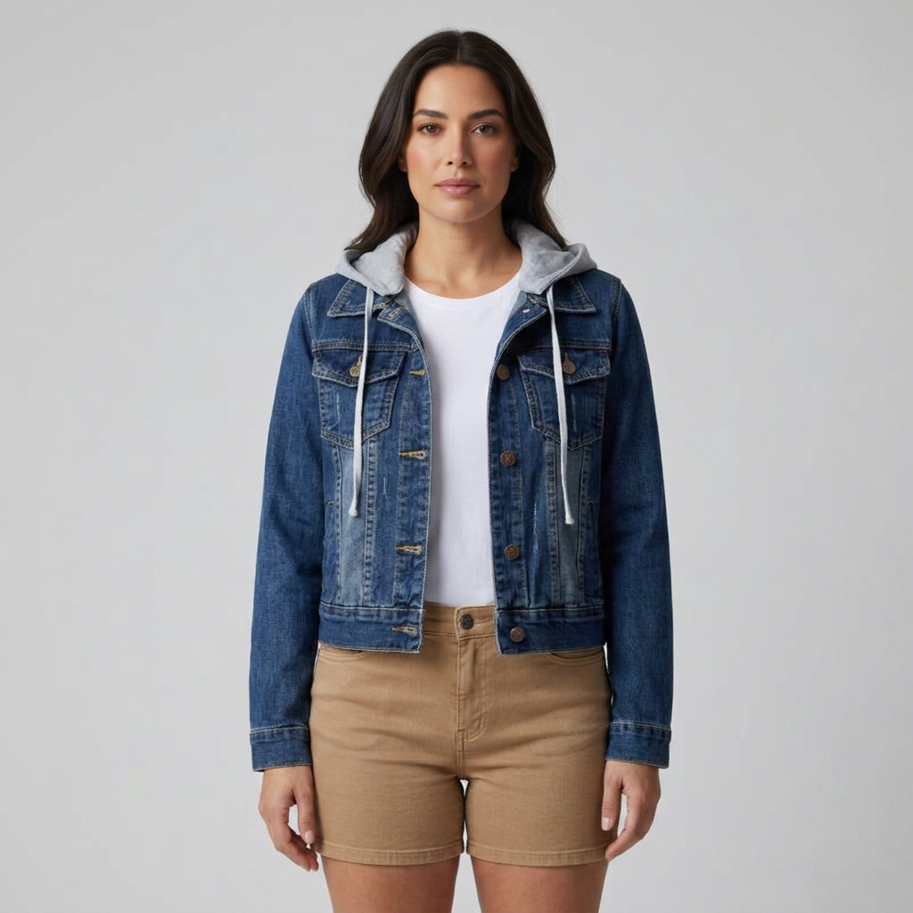 Dunkelblaue Jeansjacke mit abnehmbarer Kapuze, Frontalansicht