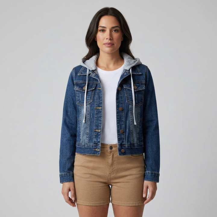 Dunkelblaue Jeansjacke mit abnehmbarer Kapuze, Frontalansicht
