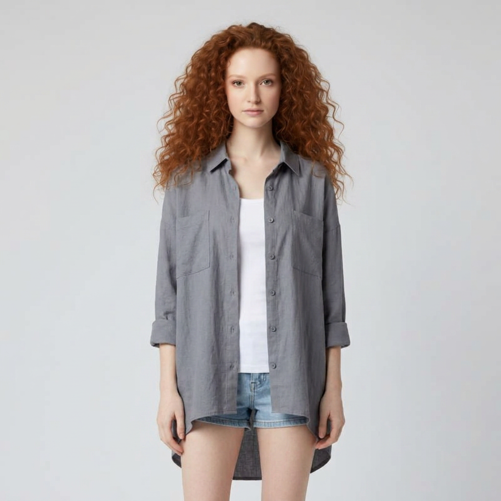 Graue Oversized Hemdbluse, offen getragen über weissem Top, Model von vorne