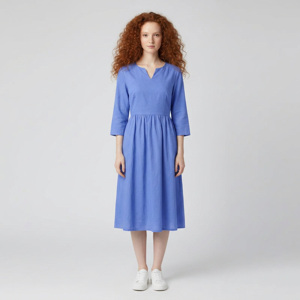 Damen Midikleid mit Kerbausschnitt und Dreiviertelarm, Frontalansicht