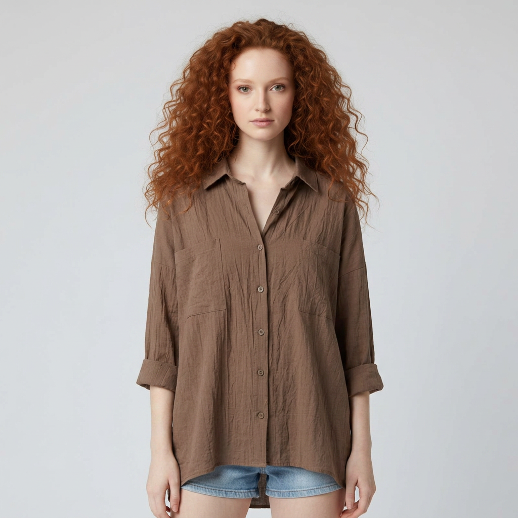 Khakifarbene Oversized Hemdbluse, geschlossen getragen, Model von vorne