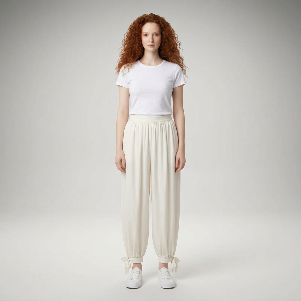 Weite Ballonhose in Creme mit Schleifenbändern am Saum, Vorderansicht am Model
