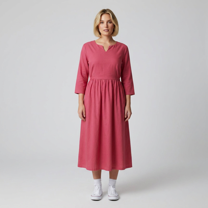 Damen Midikleid mit Kerbausschnitt, Dreiviertelarm und A-Linie, Frontalansicht
