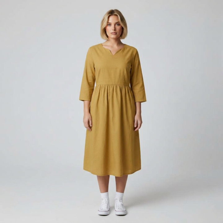 Damen Midikleid mit Kerbausschnitt und Dreiviertelarm, Frontalansicht