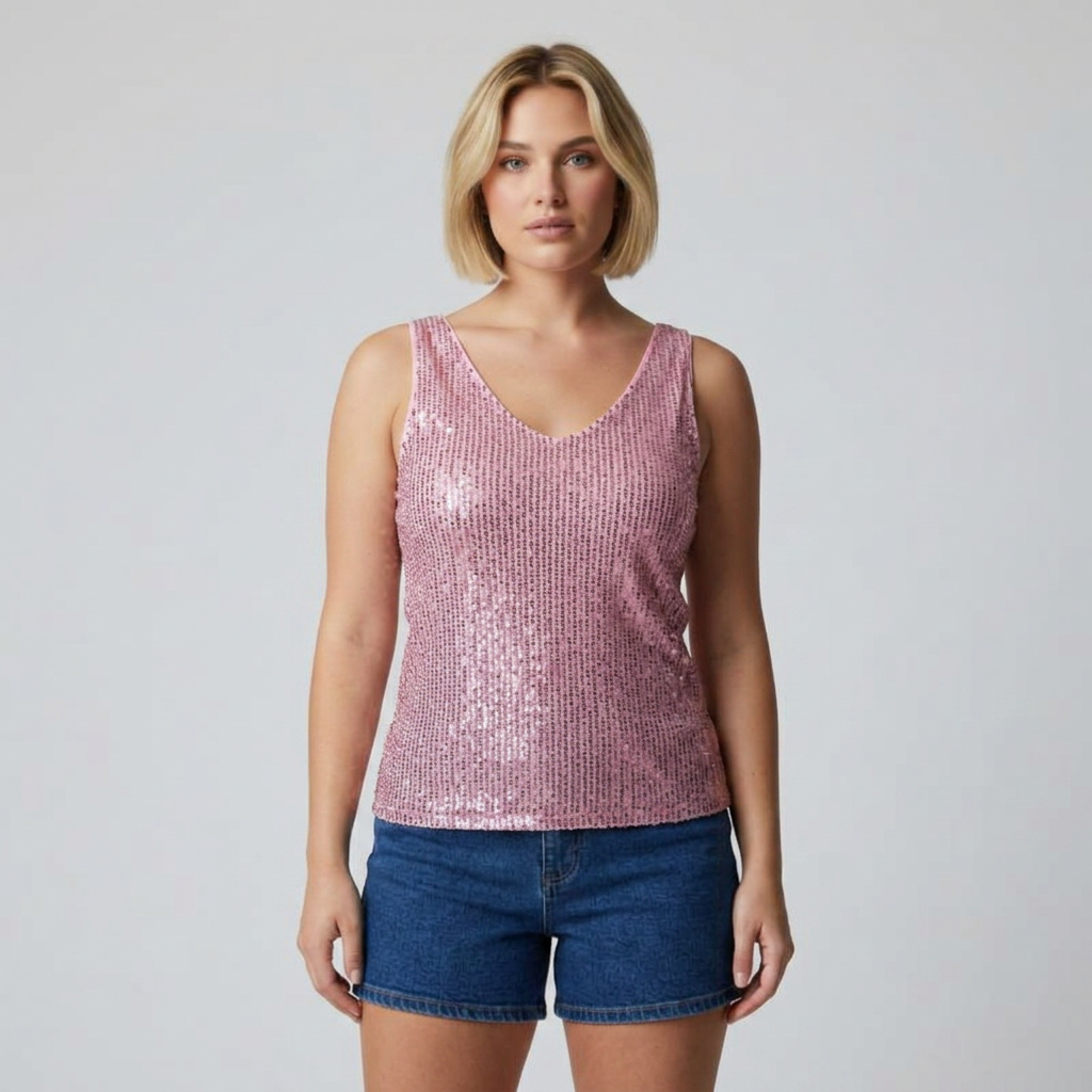 Pailletten-Top rosa mit V-Ausschnitt, Frontalansicht