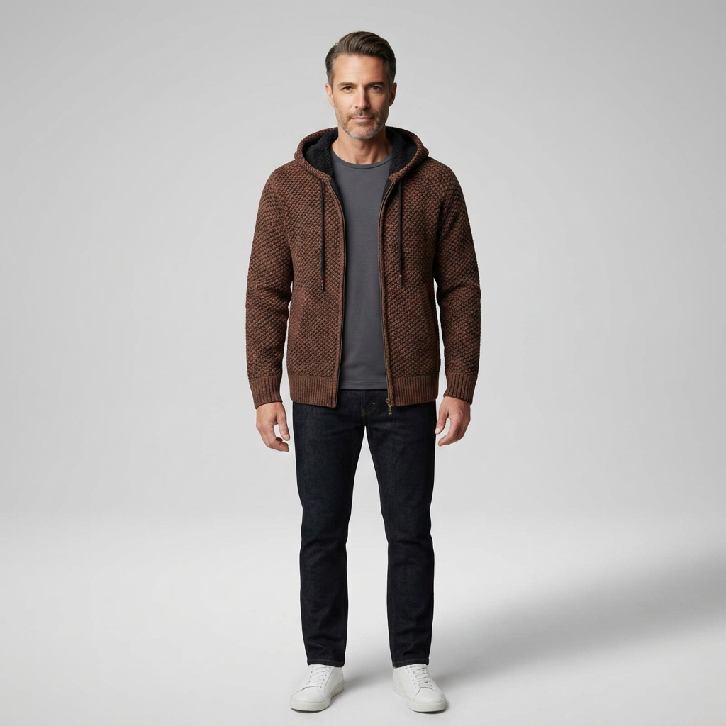 Herren Strickjacke mit Kapuze in Braun, Frontalansicht