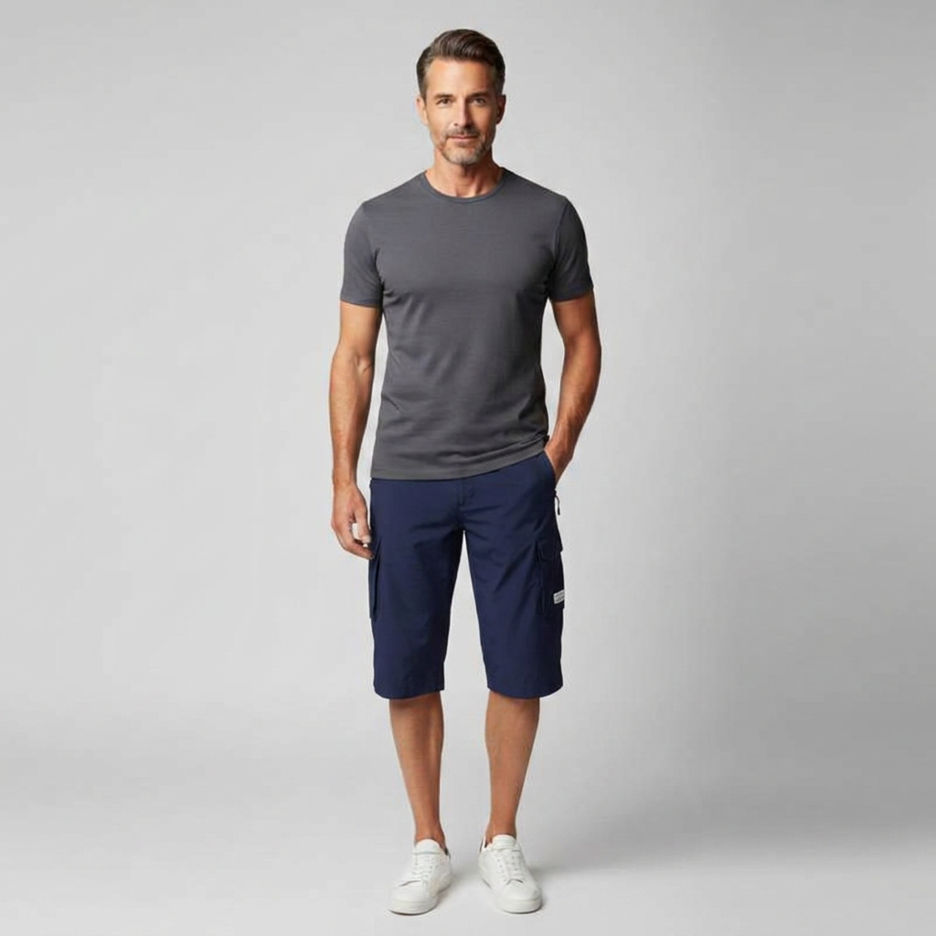 Cargo Shorts Herren Dunkelblau, Frontalansicht am Model