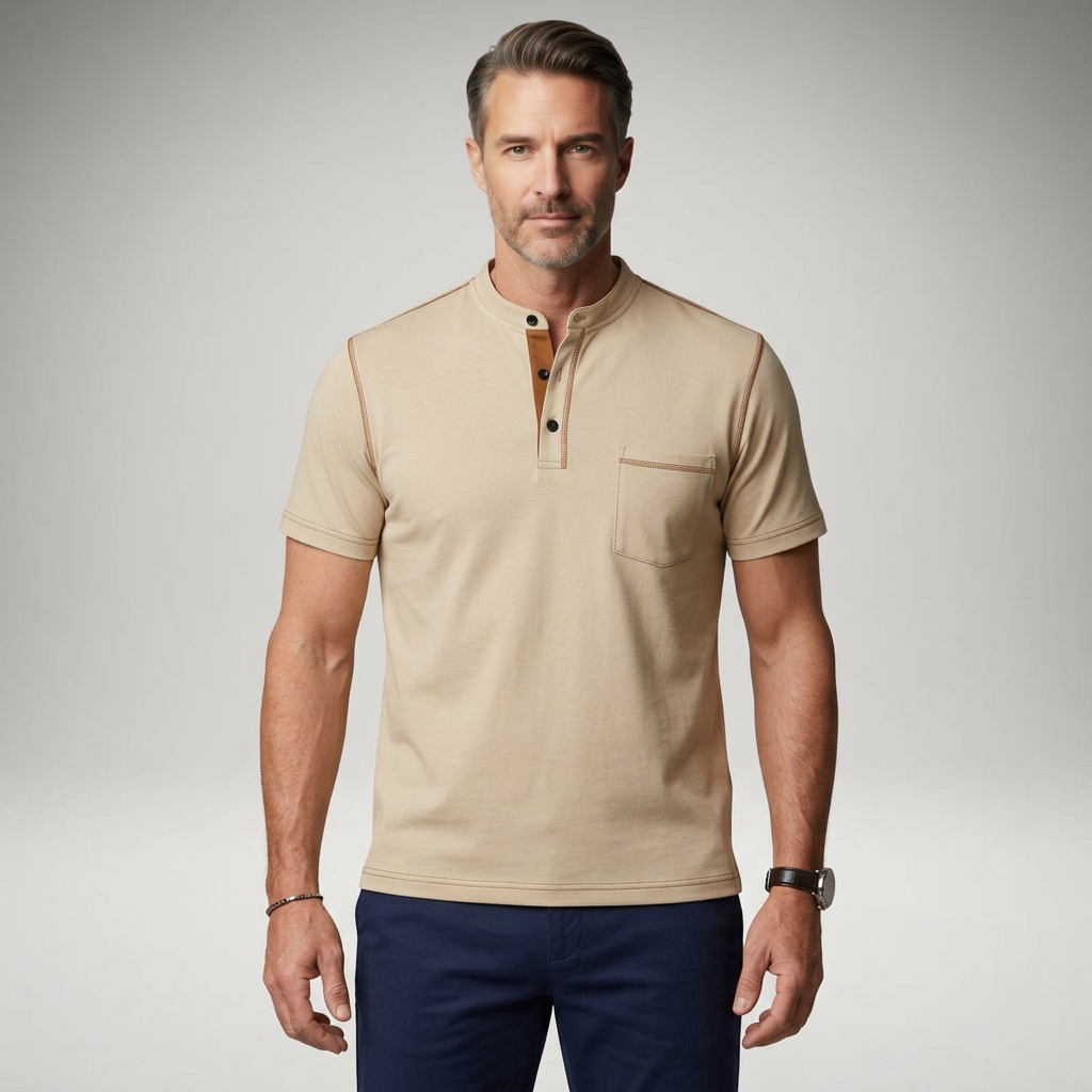 Herren Poloshirt mit Henry-Kragen in Khaki, Frontalansicht