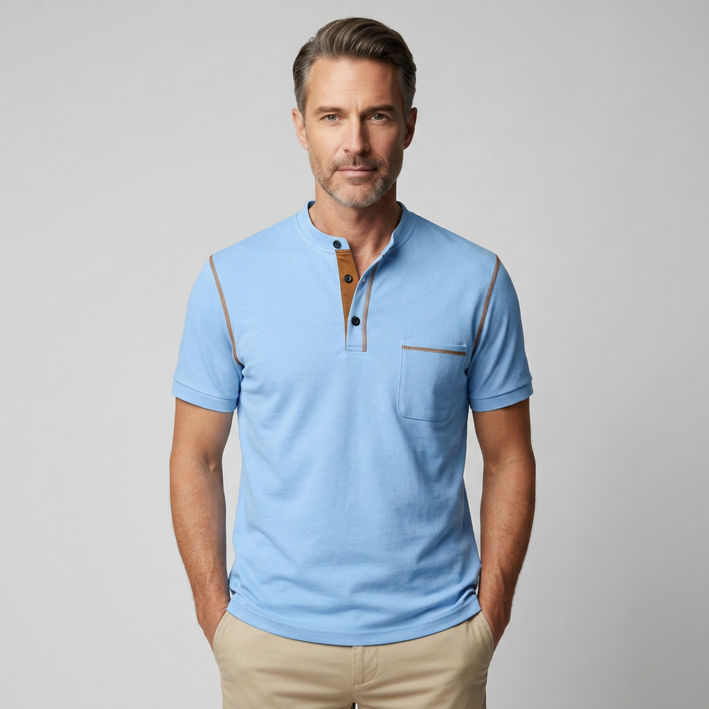 Herren Poloshirt mit Henry-Kragen in Hellblau, Frontalansicht