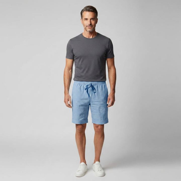 Herren Leinen Shorts Hellblau, Komplettlook, Frontansicht