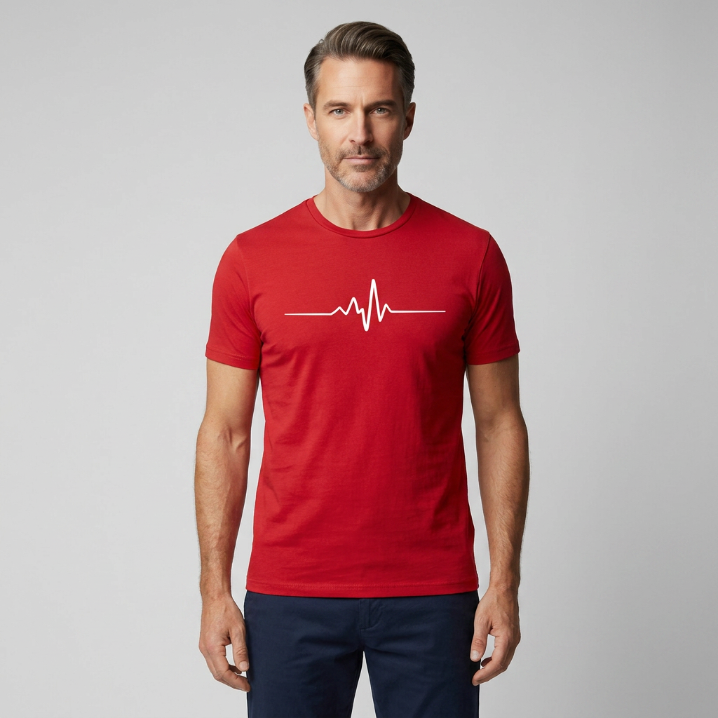 Herren T-Shirt Rundhals mit Herzschlag-Print in Rot, Frontalansicht am Model