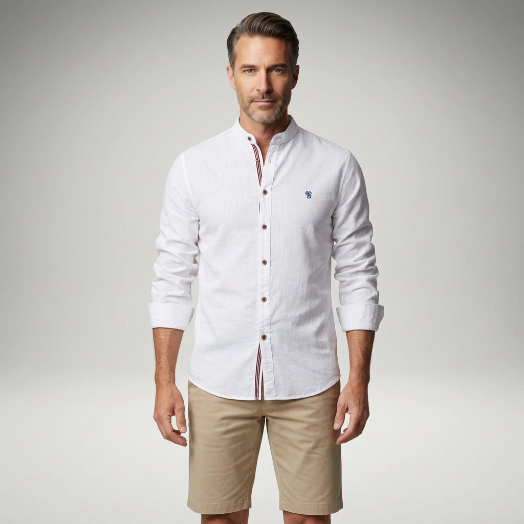 Herrenhemd Weiß mit Stehkragen, Frontansicht mit Shorts