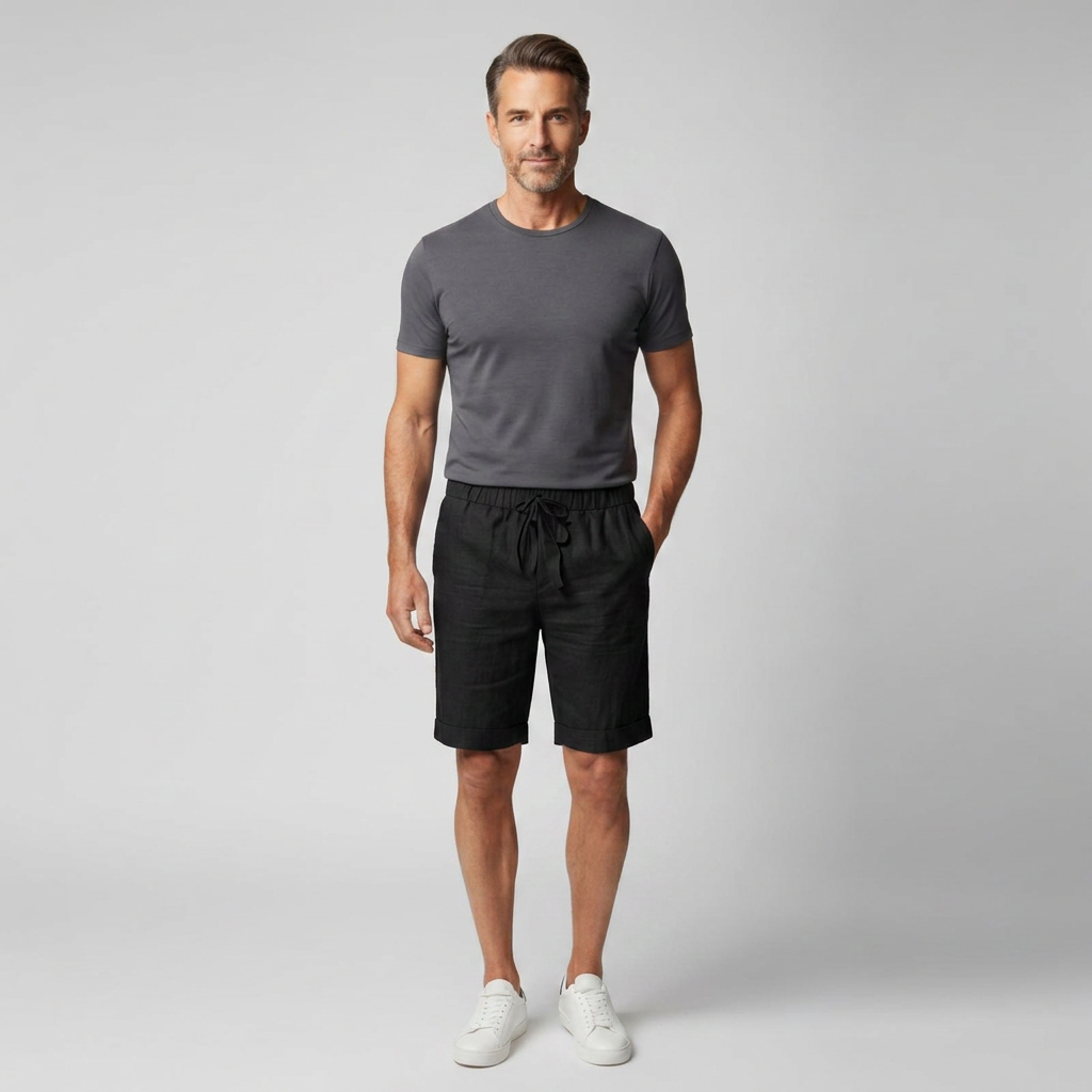 Herren Leinen Shorts Schwarz, Komplettlook, Frontansicht