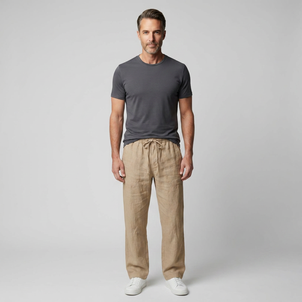 Herren Leinenhose Beige mit Kordelzug, Frontalansicht am stehenden Model