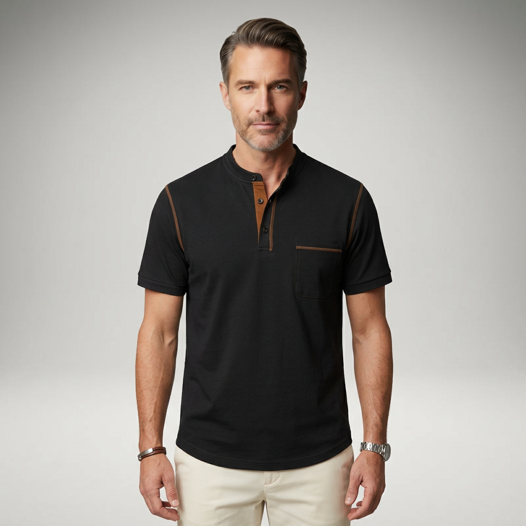 Herren Poloshirt mit Henry-Kragen in Schwarz, Frontalansicht