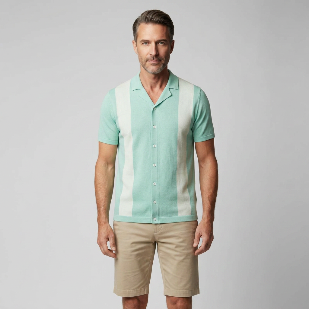 Herren Strick-Poloshirt Mintgrün mit hellem Streifen, Vorderansicht