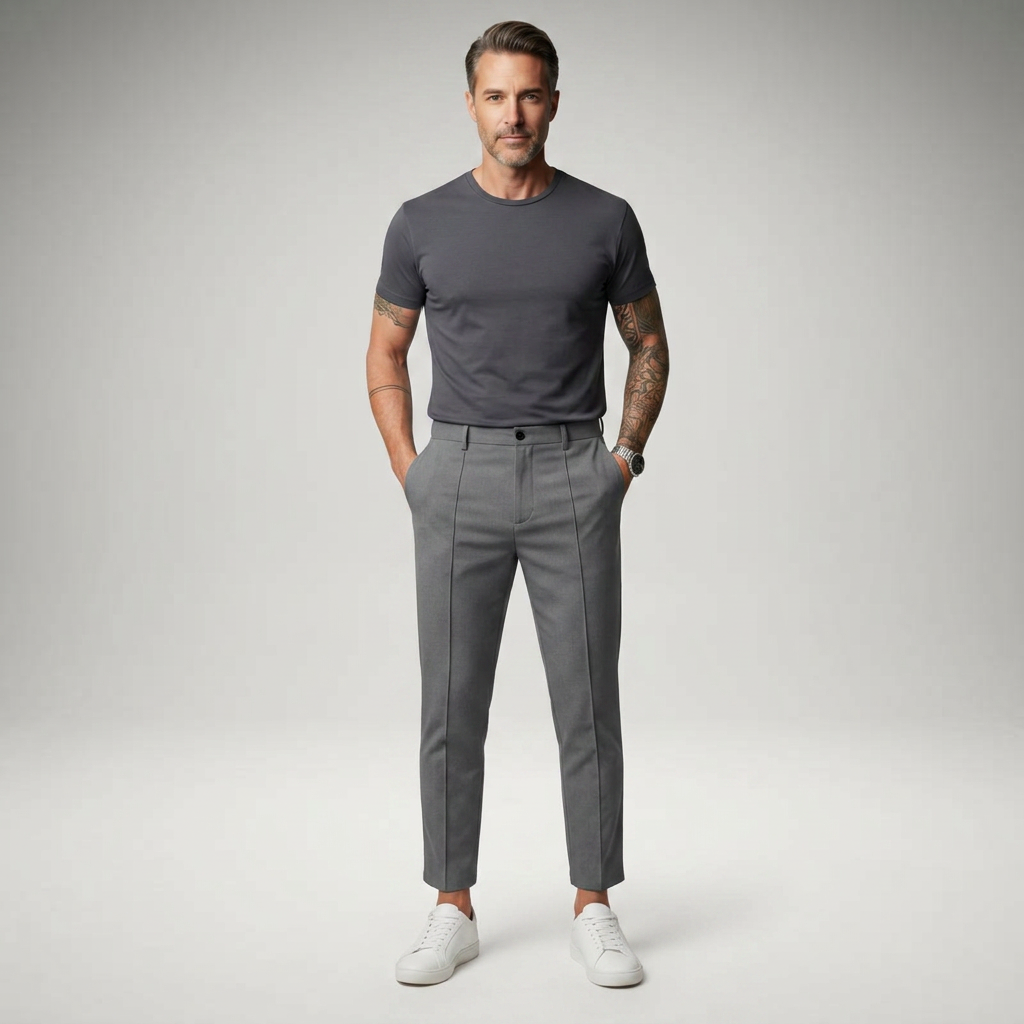 Dunkelgraue Chinohose mit Bundfalte und schmalem Bein, Model von vorne