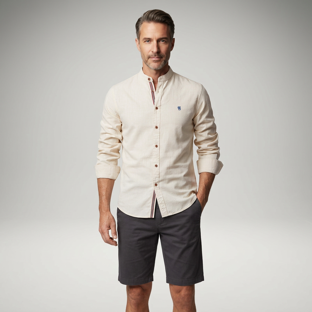 Herrenhemd Khaki mit Stehkragen, Frontansicht mit Shorts