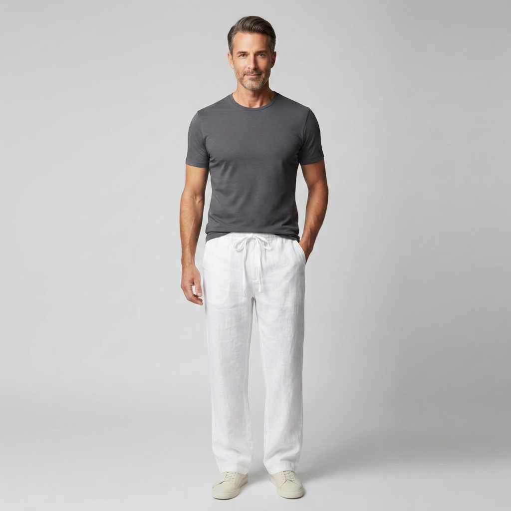 Herren Leinenhose Weiß mit Kordelzug, Frontalansicht am stehenden Model