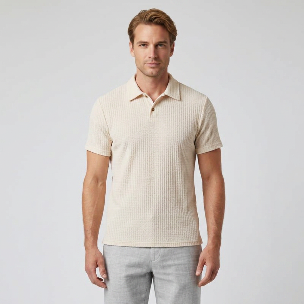 Herren Poloshirt Waffelstrick Creme, Vorderansicht am Model