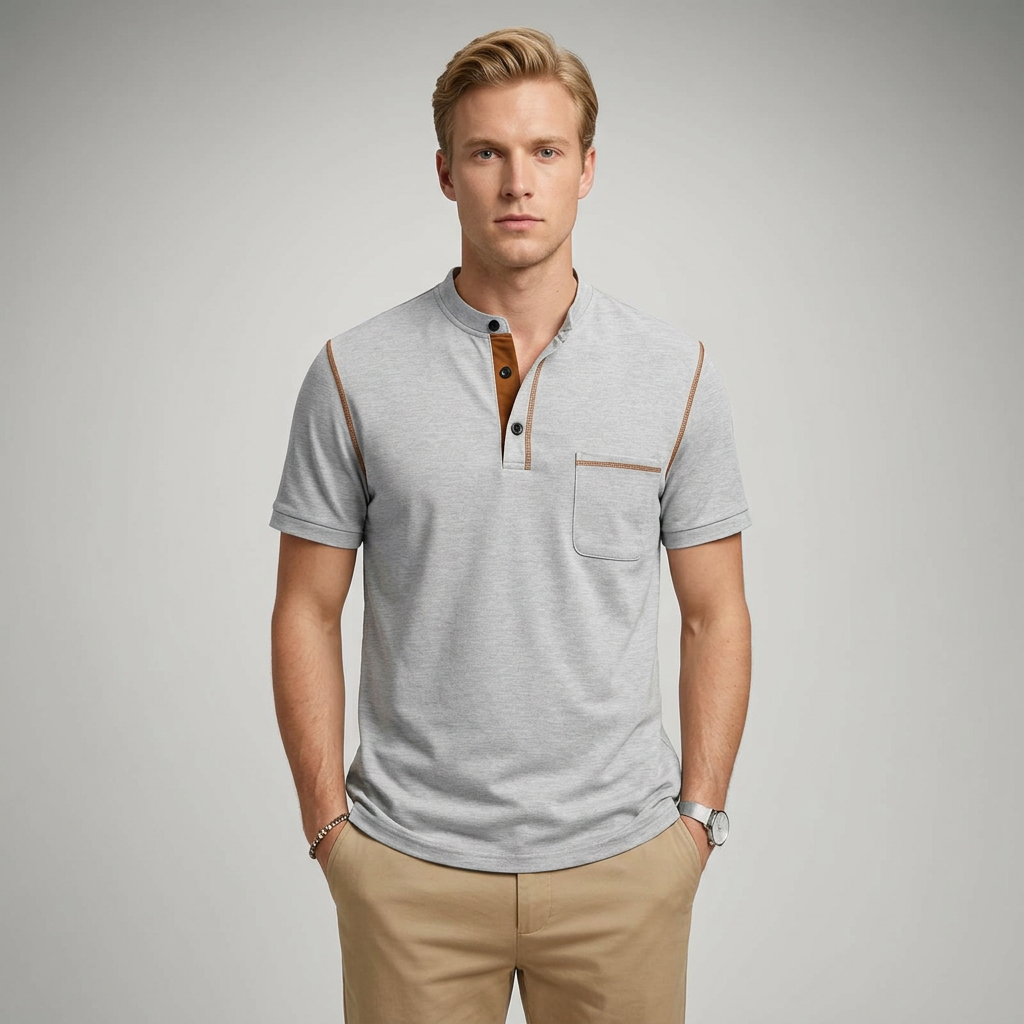 Herren Poloshirt mit Henry-Kragen in Grau meliert, Frontalansicht